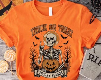 Halloween Skeleton Shirt, Trick or Treat Tee, Spooky Season Graphic Shirt, Pumpkin Skull Shirt, Fall Halloween Gift