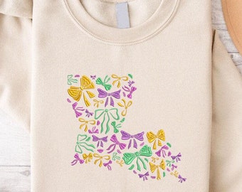 Louisiana State Embroidered Crewneck, Mardi Gras Coquette Sweater, Louisiana Sweatshirt, Purple Green Gold Mardi Bow Tee, Mardi Gras Sweater