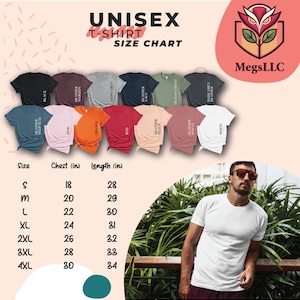 Pode incluir: Uma tabela de tamanhos de camisetas unissex exibe v&aacute;rias cores de camisetas, incluindo preto, branco e cinza mesclado. A tabela inclui medidas de peito e comprimento em polegadas para os tamanhos S a 4XL. Um homem vestindo uma camiseta branca tamb&eacute;m &eacute; mostrado.