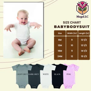 Puede incluir: Un beb&eacute; con un body blanco se sienta frente a una tabla de tallas para bodies de beb&eacute;. La tabla enumera las tallas de 6M a 24M, con medidas de ancho y largo en pulgadas. Debajo se muestran bodies en gris claro, gris oscuro, blanco, negro y rosa.