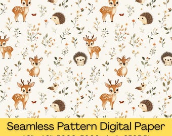 Woodland Animals Nursery Fabric: Deer, Hedgehog Seamless Pattern (Digital Download)