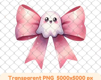 Kawaii Ghost Pink Ribbon Bow: Coquette Halloween PNG