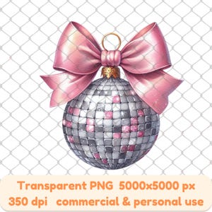Sparkling Disco Ball Christmas Ornament with Pink Bow, New Year Coquette bow Disco ball Party, Trendy design png, Christmas Coquette Holiday