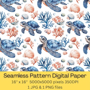 Papel digital sin costuras con diseño de tortuga marina en acuarela, fondo de conchas y corales oceánicos, patrón de álbum de recortes con temática submarina, papel de regalo con vida marina