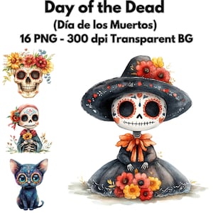 Tag der Toten PNG Bundle, Dia de los Muertos digitale Clipart, süße Calavera Schädel Kunst, Zuckerschädel PNG, mexikanische Halloween-Dekorationen