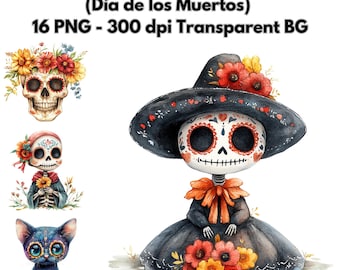 Puede incluir: Un conjunto de 16 ilustraciones digitales de personajes del Día de Muertos. Los personajes se representan como esqueletos con flores y decoraciones coloridas. Las ilustraciones están en formato PNG y tienen un fondo transparente.
