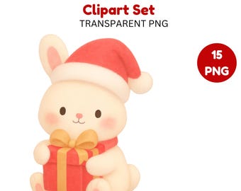 Clipartset kersthaas: kawaii vakantie-png-afbeeldingen (digitale download)