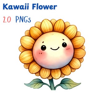 Raccolta di clipart di fiori kawaii ad acquerello, bundle di PNG di facce floreali carine per scrapbooking, decorazioni per la cameretta dei bambini, progetti di artigianato a sublimazione