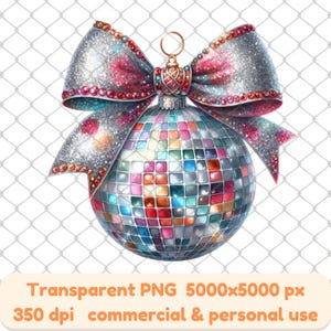 Disco Ball Weihnachtsschmuck mit Glitter Silver Bow, Frohes neues Jahr Kokette Bogen, Discoball Party png, Trendy Design Weihnachten Kokette