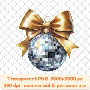 Discokugel Weihnachtsverzierung mit Goldsatinschleife, guten Rutsch ins Neue Jahr-Koquettebogen, Discoball-Party png, trendiges Design, Weihnachtskoquette png