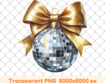 Disco Ball with Gold Bow PNG: New Year Coquette Design