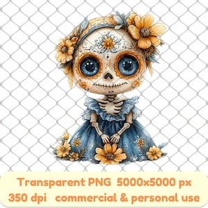Niedliches Skelett-Mädchen PNG, Florale Dia de los Muertos-Kunst, Aquarell Calavera-Illustration, Tag der Toten digitale Clipart, mexikanisches Schädel-Mädchen