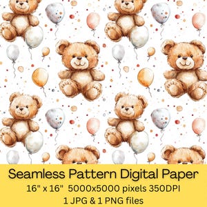 Papier numérique transparent aquarelle ours en peluche et ballon, fond d'album pour baby shower, art mural mignon pour chambre d'enfant, feuille d'emballage cadeau pour enfants