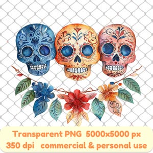 Aquarell Blumen Zuckerschädel PNG, Tag der Toten Digitale Kunst, Dia de los Muertos Clipart, Mexikanischer Schädel PNG, Zuckerschädel Aquarell PNG