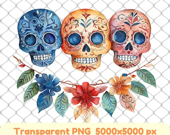 Watercolor Sugar Skull Clipart, Day of the Dead Floral PNG (Digital Download)