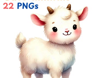 May include: A cute cartoon illustration of a white goat with pink cheeks and a fluffy white coat. The goat has small black eyes and a brown nose. The goat is standing on all fours and looking to the right.