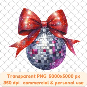 Disco Ball Weihnachtsschmuck mit Glitzer rot Schleife Happy New Year Coquette Bow Discokugel Party png Trendy Design Weihnachten Coquette Png