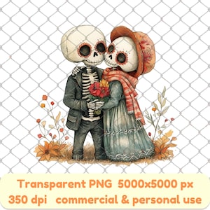 Romantisches Skelettpaar PNG, Dia de los Muertos Clipart, Aquarell Calavera Liebeskunst, Tag der Toten PNG, niedliche mexikanische Schädelpaarkunst