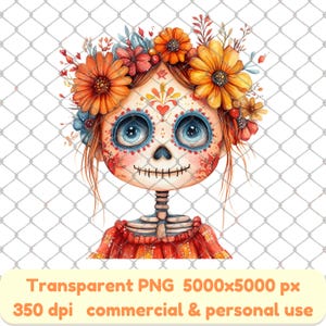 Blumenkrone Skelett Mädchen PNG, Dia de los Muertos Clipart, Niedliche Calavera Kunst, Aquarell Tag der Toten Illustration, mexikanisches Schädel-Mädchen
