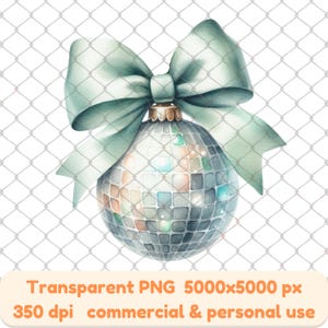 Diskokugel Weihnachtsschmuck mit pastellgrüner Schleife Happy New Year Coquette bow Discoball Party png Trendy Design Weihnachten Coquette Png