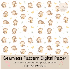 May include: Seamless digital paper featuring a repeating pattern of cartoon monkeys holding bananas, with yellow bananas and small stars on a white background. The text at the bottom reads "Seamless Pattern Digital Paper" and the dimensions are 16" x 16".