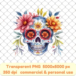 Blumenzuckerschädel PNG, Dia de los Muertos Clipart, Aquarell Calavera Art, Tag der Toten digitale Illustration, mexikanischer festlicher Schädel