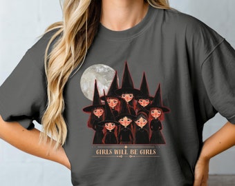 Maglietta Vintage Girls Will Be Girls Witch, T-shirt Vintage Witchy Moon, Girls will be Girls, Dark Academia, Cottagecore, T-shirt Whimsigoth