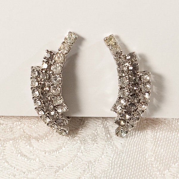 1950's Crystal and Grey Rhinestone Curved Earrings, Wedding, Hollywood Glamour