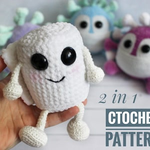 May include: A crochet pattern for a white marshmallow-shaped plush toy with googly eyes and a smiling mouth. The pattern is 2 in 1, meaning it can be made into two different characters. The pattern is called "Ctochet Pattern".