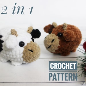 May include: Two crocheted stuffed animals, a brown bull and a black and white cow, with the text "2 in 1 CROCHET PATTERN" on a white surface.