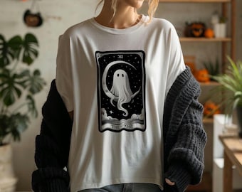 T-shirt de carte de tarot fantôme, t-shirt gothique paranormal, chemise de tarot unisexe, haut tendance pour Halloween, vêtement mystique occulte