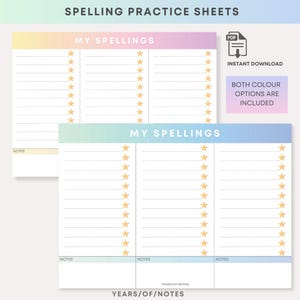 Printable Spelling Practice Sheet, Kids Spelling worksheet, Digital Download, Handwriting & Vocabulary Template