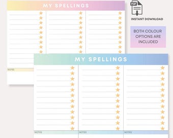 Printable Spelling Practice Sheet, Kids Spelling worksheet, Digital Download, Handwriting & Vocabulary Template
