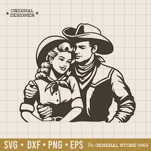 May include: A black and white illustration of a couple in cowboy hats. The woman is wearing a dress with a bow and the man is wearing a shirt with a neckerchief. They are standing close together and the man has his arm around the woman.