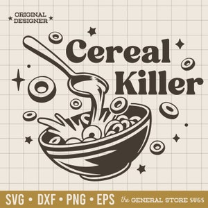 May include: Black and white illustration of a bowl of cereal with milk being poured from a spoon. The text "Cereal Killer" is above the bowl.
