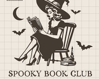 不気味な読書クラブ SVG: ハロウィーンの魔女の読書 (デジタルダウンロード)