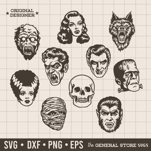 Puede incluir: Ilustraciones en blanco y negro de personajes clásicos de películas de terror, incluyendo un hombre lobo, el monstruo de Frankenstein y una momia. La imagen también incluye el texto "ORIGINAL DESIGNER" y opciones de tipo de archivo: SVG, DXF, PNG y EPS.