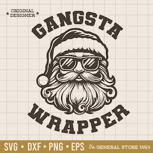 Może przedstawiać: Czarno-biała ilustracja Świętego Mikołaja w okularach przeciwsłonecznych i czapce Mikołaja z tekstem "Gangsta Wrapper" nad i pod obrazem.