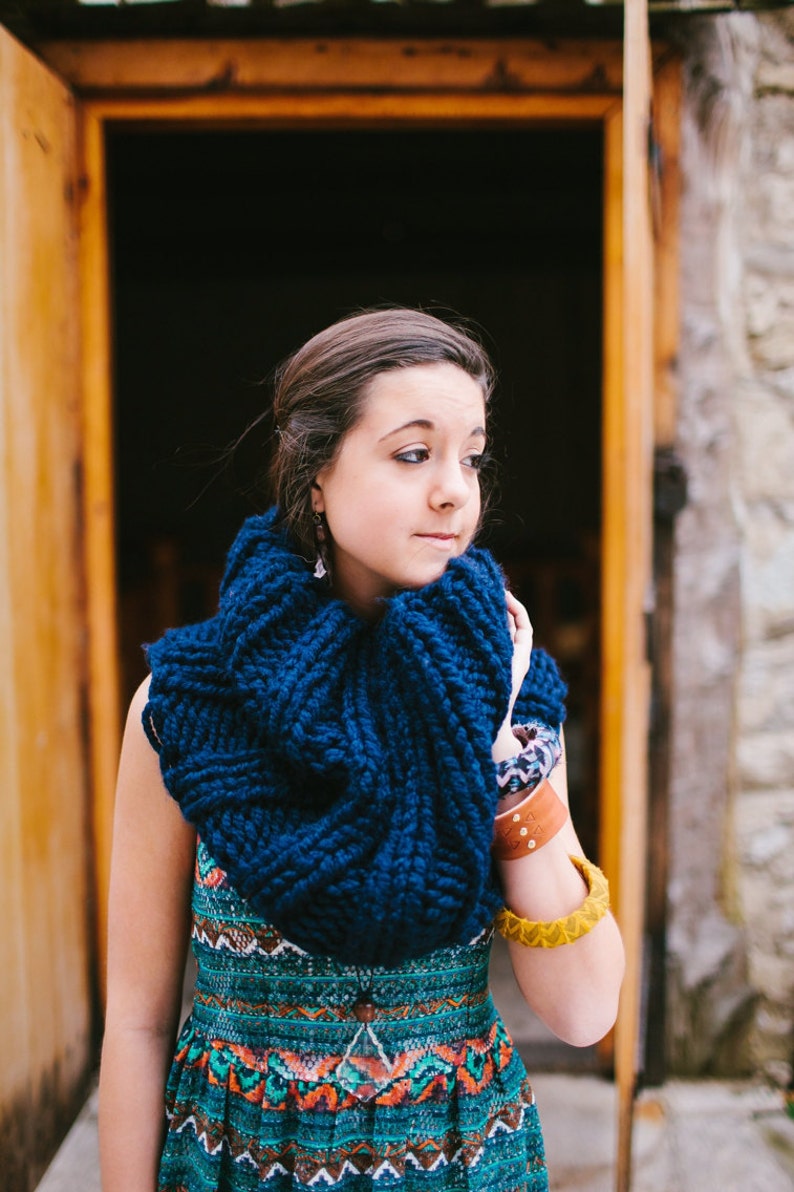 Navy Blue Extra Chunky Cowl // Warm Thick Collared Ribbed Circle Scarf image 6