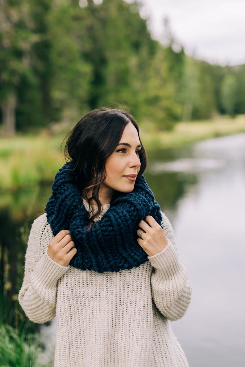 Navy Blue Extra Chunky Cowl // Warm Thick Collared Ribbed Circle Scarf image 1