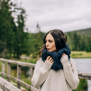 Navy Blue Extra Chunky Cowl // Warm Thick Collared Ribbed Circle Scarf image 2