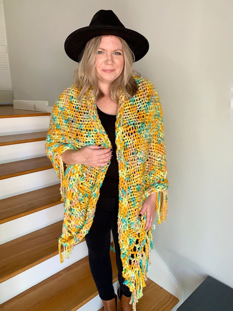The Fall Hand Knit Fringe Shawl in Mustard Moonchild