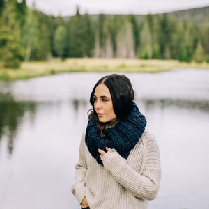 Navy Blue Extra Chunky Cowl // Warm Thick Collared Ribbed Circle Scarf image 5