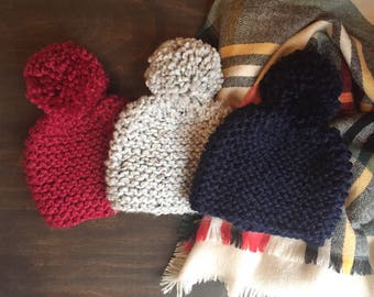 Winter Knit Hat with Oversized Pom in Red, Grey or Navy