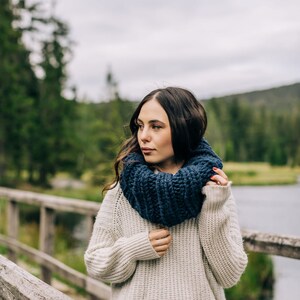 Navy Blue Extra Chunky Cowl // Warm Thick Collared Ribbed Circle Scarf image 4