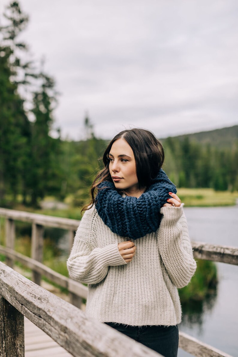 Navy Blue Extra Chunky Cowl // Warm Thick Collared Ribbed Circle Scarf image 4