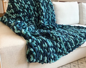 READY TO SHIP! Blue Lagoon Variegated Chunky Blanket Chenille Handknit