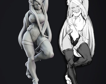 Puede incluir: Una figura blanca impresa en 3D de un personaje femenino con cabello largo blanco, vistiendo un atuendo blanco y negro con orejas de conejo. La figura está posada con una pierna levantada y la otra pierna doblada. El personaje lleva una máscara sobre la boca y la nariz. La figura está de pie sobre una base redonda.