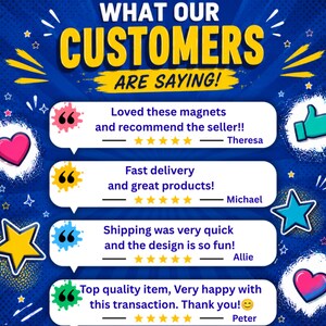 May include: A blue graphic display titled WHAT OUR CUSTOMERS ARE SAYING! featuring four white speech bubbles with five-star ratings and customer reviews from Theresa, Michael, Allie, and Peter, decorated with colorful hearts and stars.