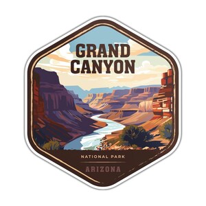 May include: A hexagonal sticker featuring a stylized illustration of the Grand Canyon with a winding river, layered rock formations in shades of brown and orange, and a pale sky. The text reads GRAND CANYON NATIONAL PARK ARIZONA.